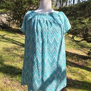 Tacera Teal Chevron Print Dress / Tunic,Off Shoulder Elastic Neck NWT Size S
